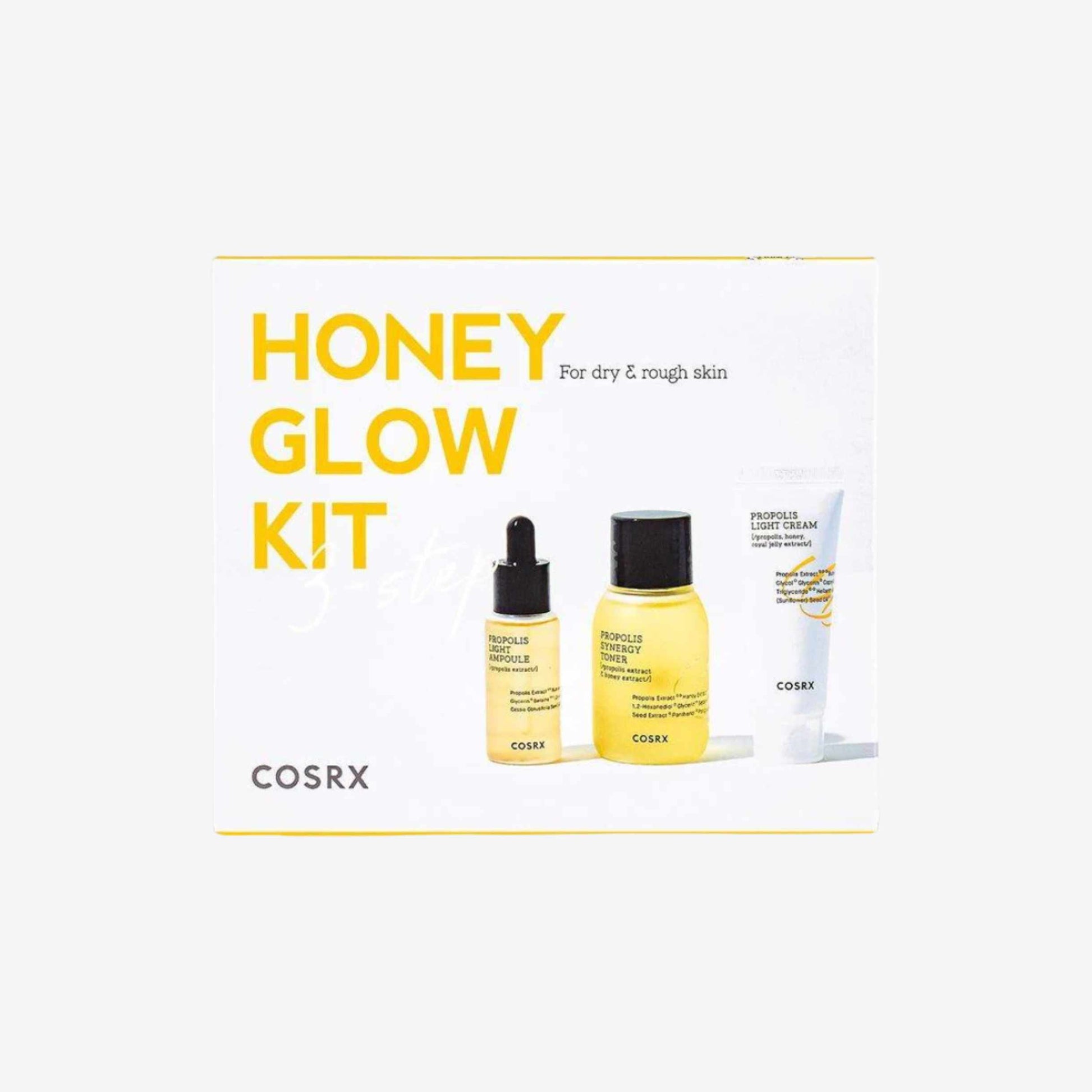 COSRX Honey Glow Kit hudpleiesett med flere produkter i reisestørrelse som gir fukt og bidrar til en myk og glødende hud