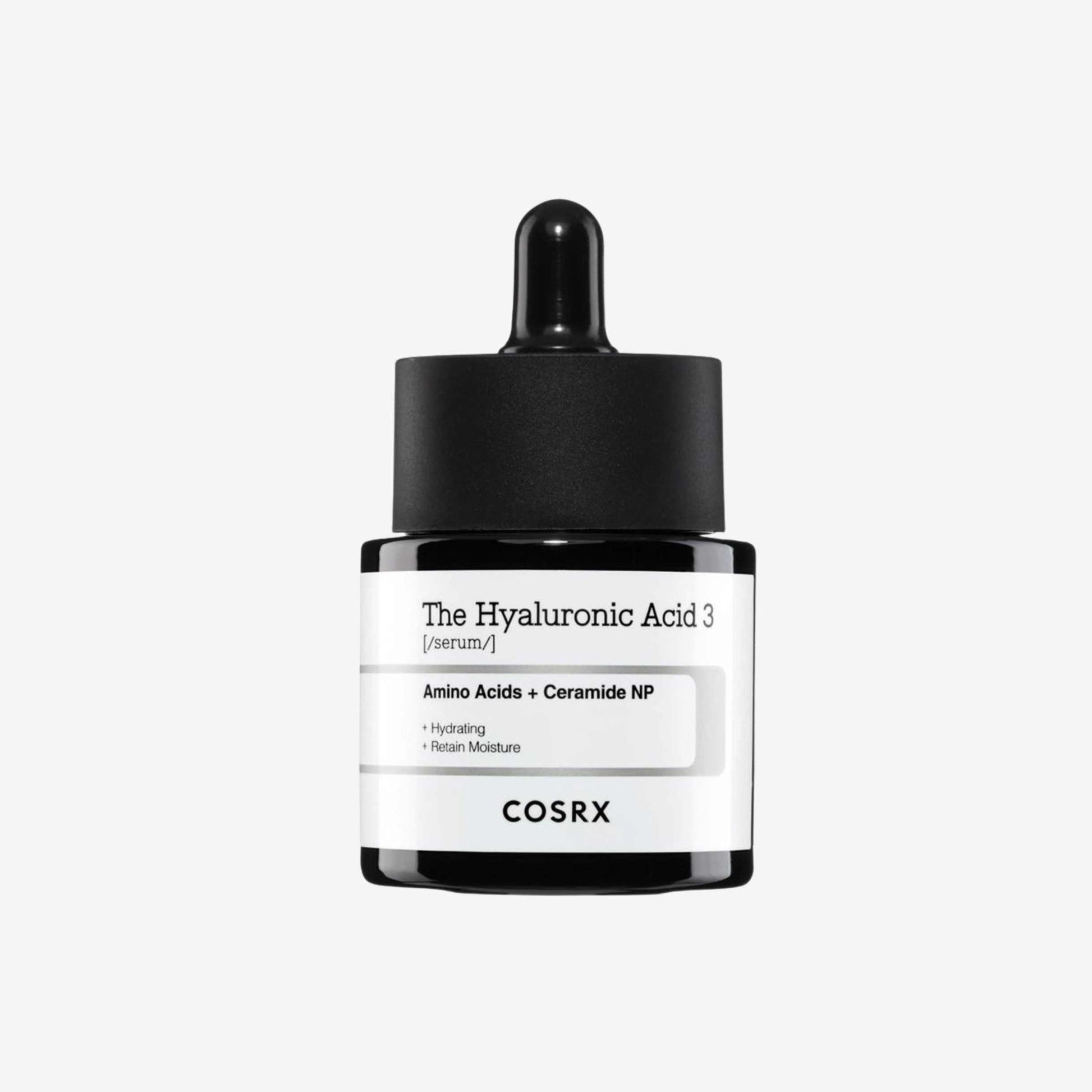 COSRX The Hyaluronic Acid 3 Serum 20 ml ansiktsserum i glassflaske med pipette som gir fukt og bidrar til en myk og jevn hud