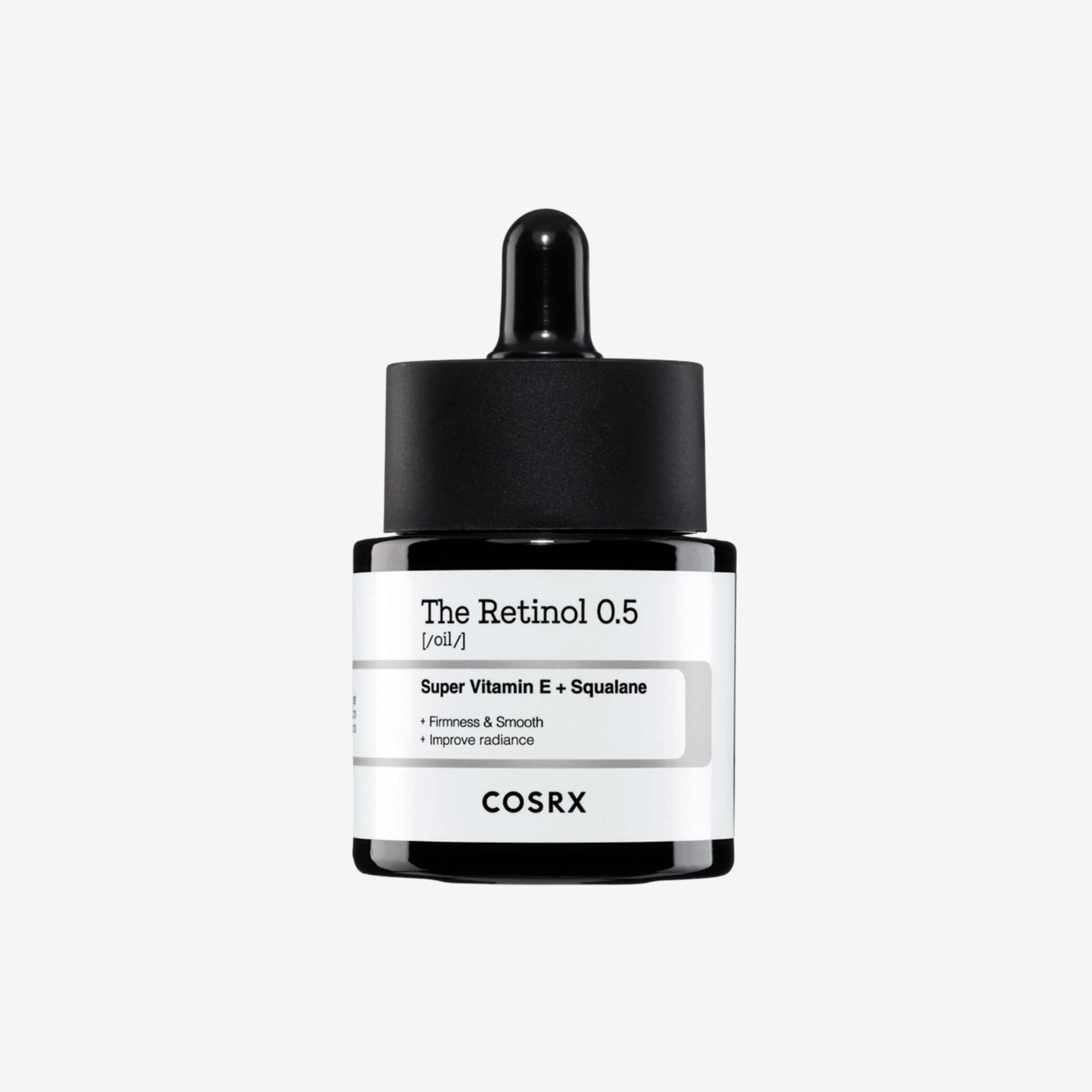 COSRX The Retinol 0.5 Oil 20 ml ansiktsolje i glassflaske med pipette som gir pleie og bidrar til en jevn og myk hud