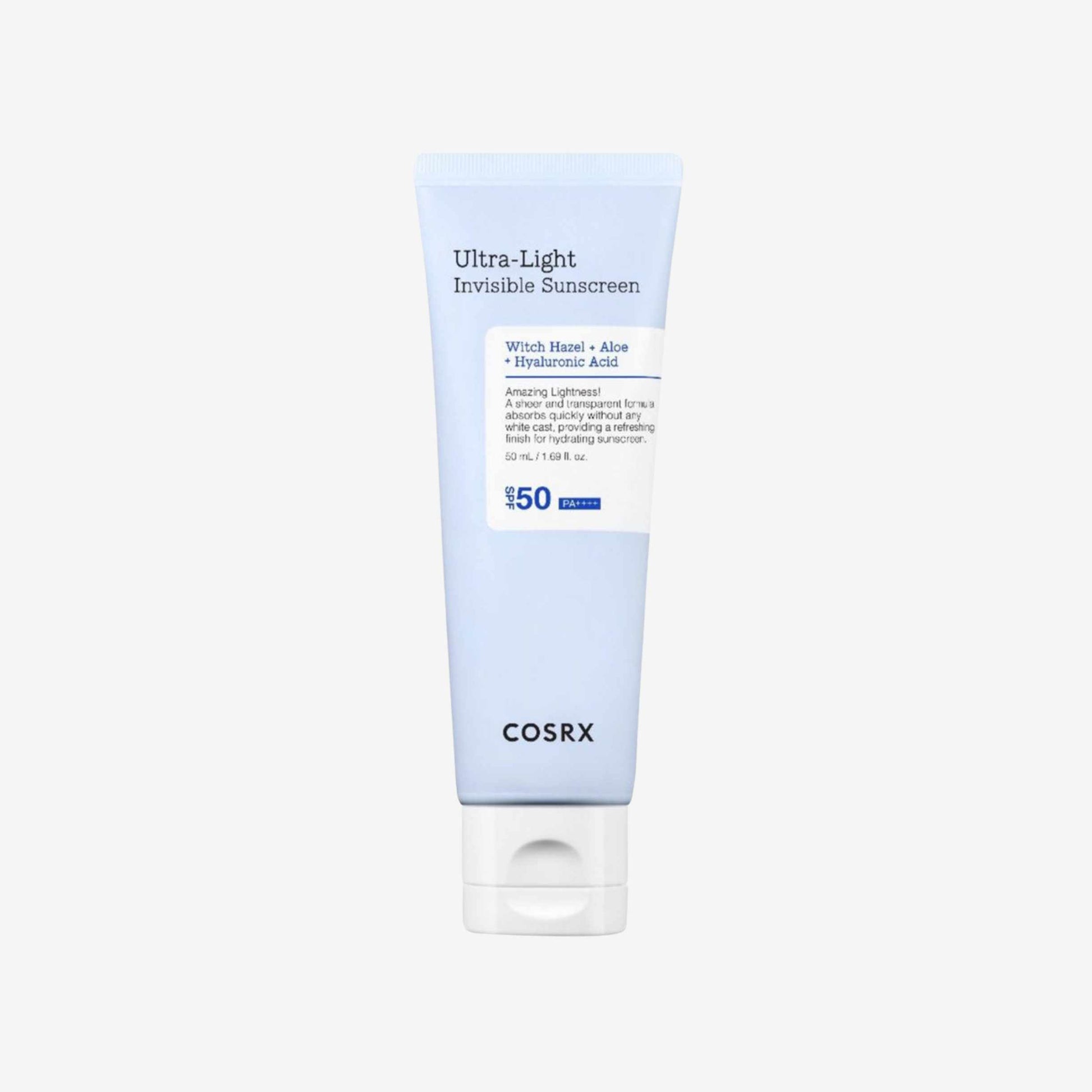 COSRX Ultra-Light Invisible Sunscreen SPF50 PA++++ 50 ml solkrem til ansikt i tube som beskytter mot sol og gir en lett og usynlig finish på huden