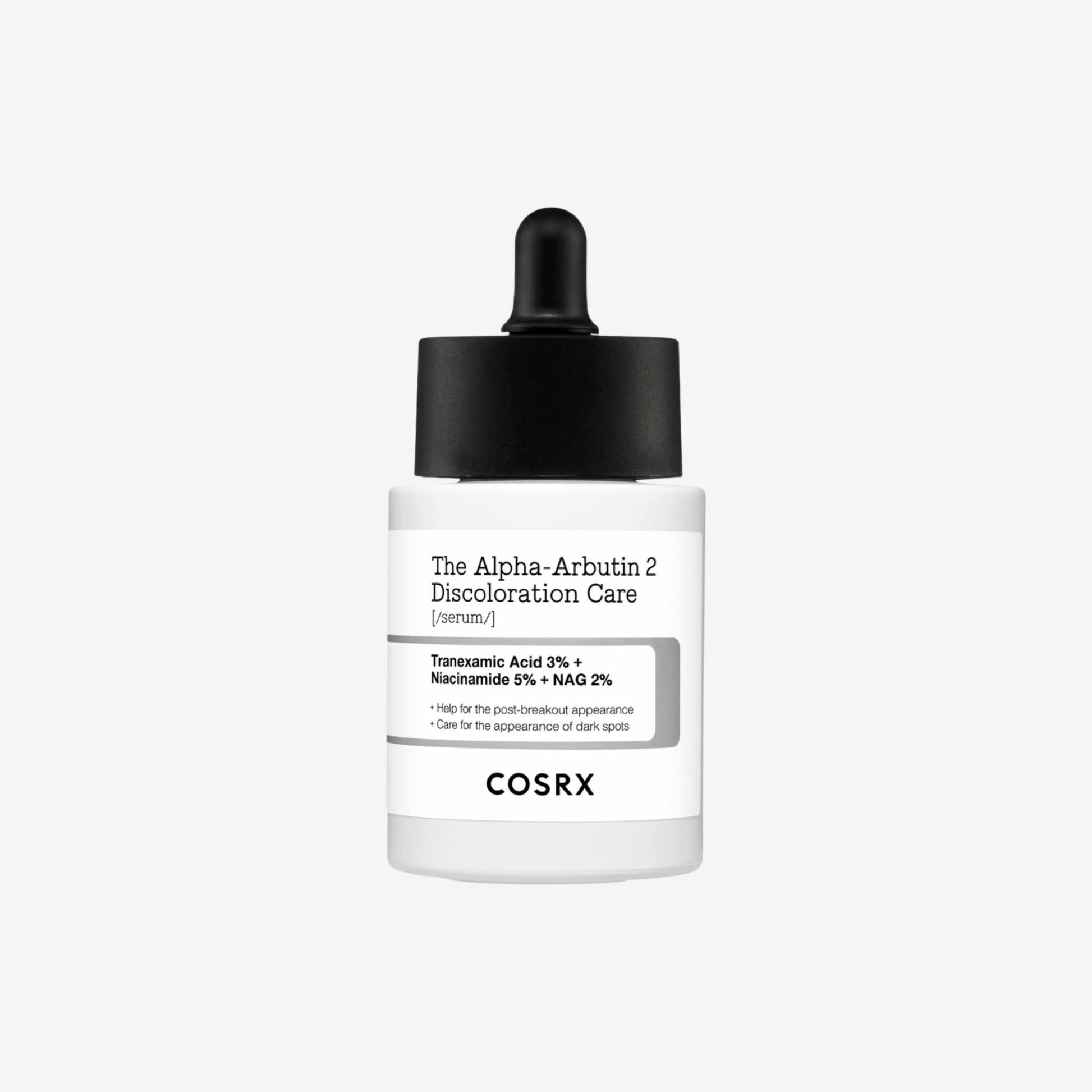 COSRX The Alpha-Arbutin 2 Discoloration Care Serum 50 ml ansiktsserum i glassflaske med pipette som gir glød og bidrar til en jevn hudtone