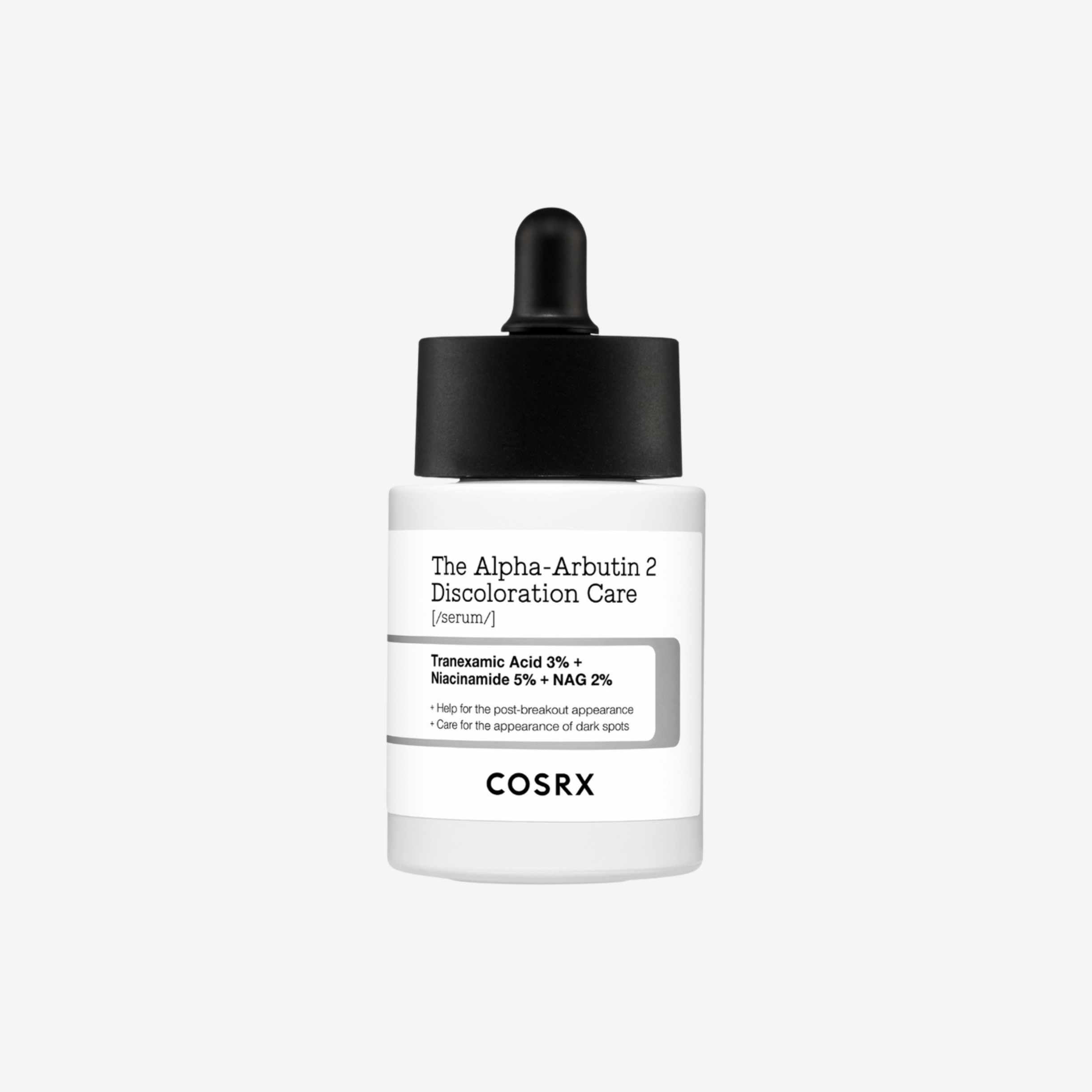 COSRX The Alpha-Arbutin 2 Discoloration Care Serum 50 ml ansiktsserum i glassflaske med pipette som gir glød og bidrar til en jevn hudtone