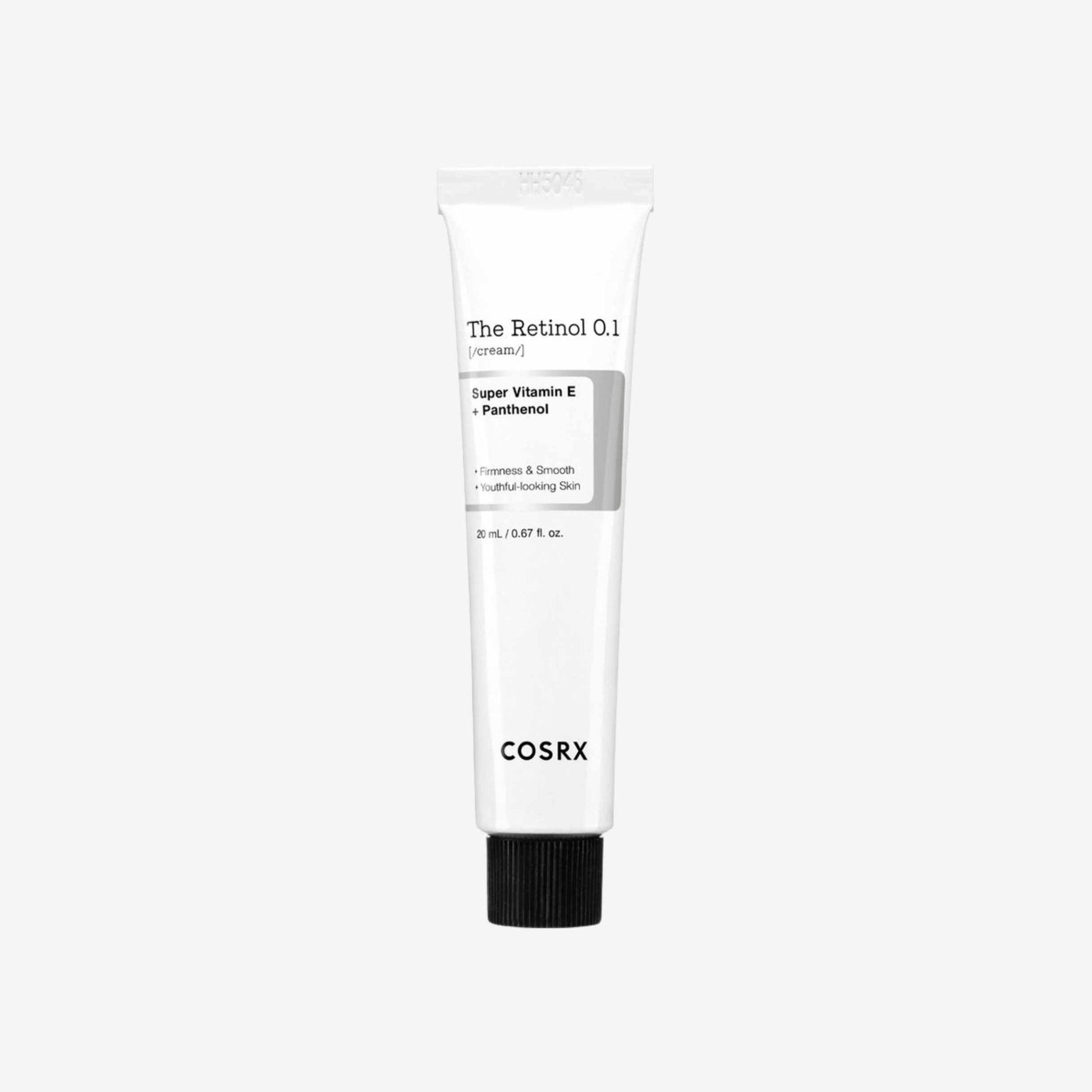 COSRX The Retinol 0.1 Cream 20 ml ansiktskrem i tube med kremet konsistens som gir pleie og bidrar til en jevn og myk hud
