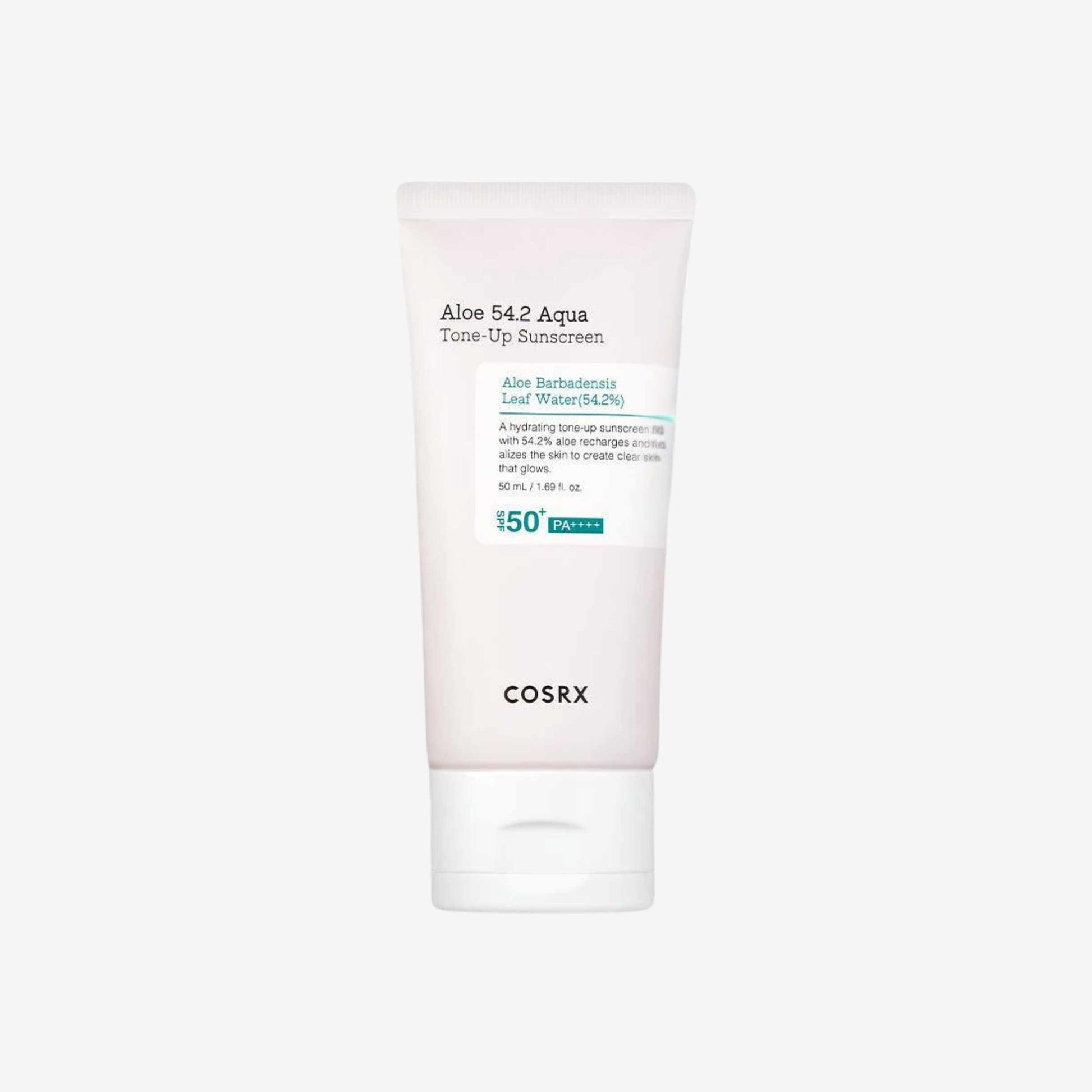 COSRX Aloe 54.2 Aqua Tone-up Sunscreen SPF50+ PA++++ 50 ml solkrem til ansikt i tube som beskytter mot sol og gir en jevn og frisk hudtone