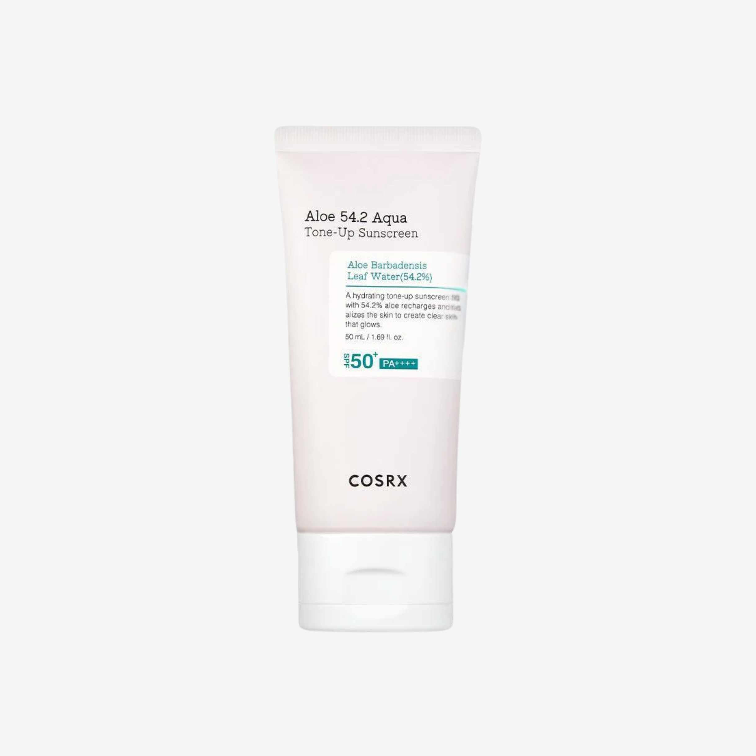COSRX Aloe 54.2 Aqua Tone-up Sunscreen SPF50+ PA++++ 50 ml solkrem til ansikt i tube som beskytter mot sol og gir en jevn og frisk hudtone
