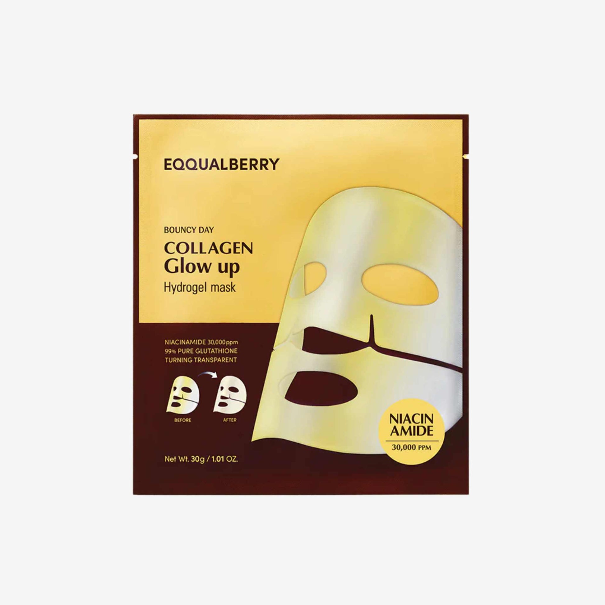 EQQUALBERRY Collagen Glow Up Hydrogel Mask 1 stk hydrogelmaske med kollagen og niacinamid som gir fukt og bidrar til en jevnere og mer strålende hud