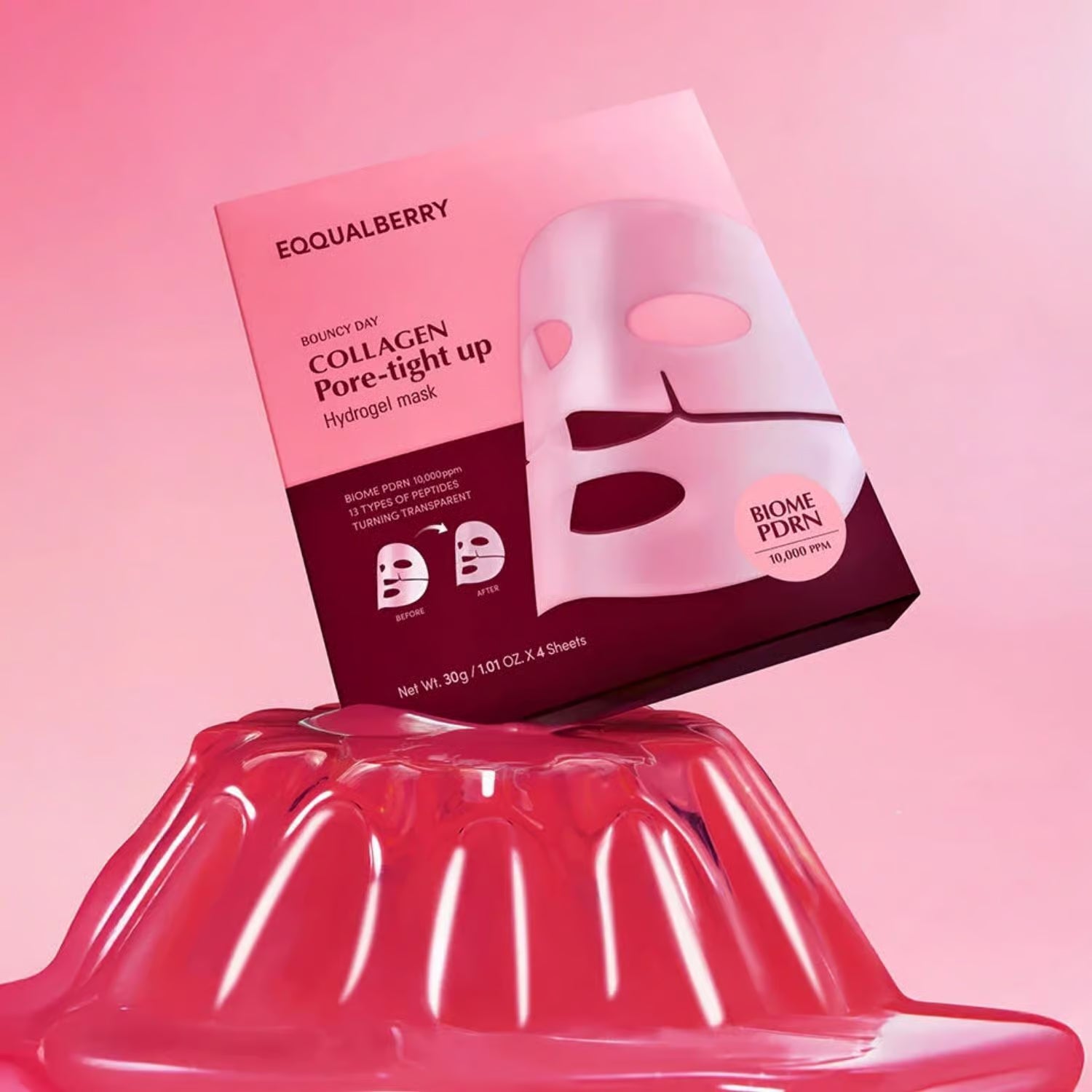 Hydrogelmaske fra EQQUALBERRY presentert med produktemballasje
