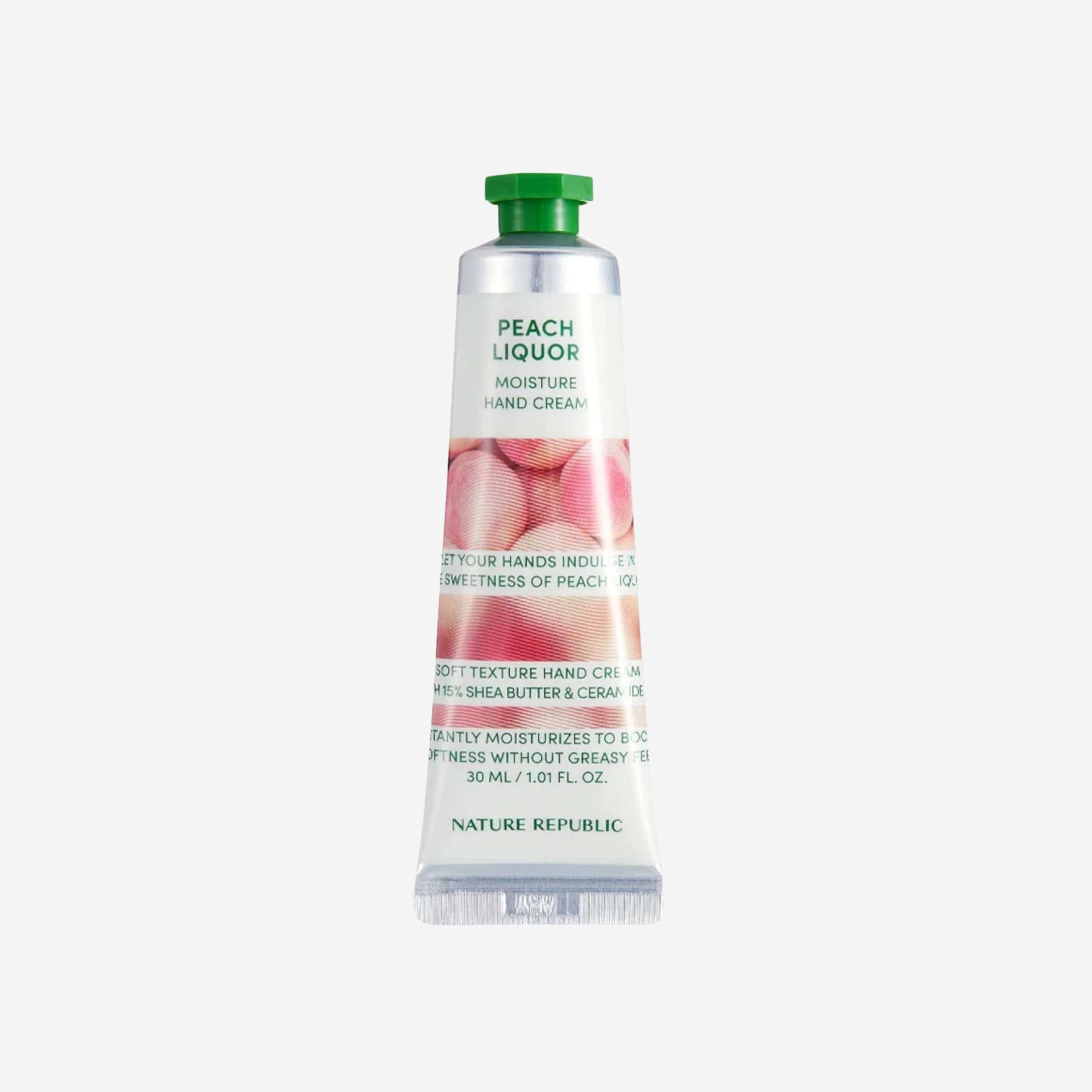 Nature Republic Hand & Nature Peach Liquor Hand Cream 30 ml håndkrem med ferskenekstrakt som gir fukt og bidrar til myke og velpleide hender