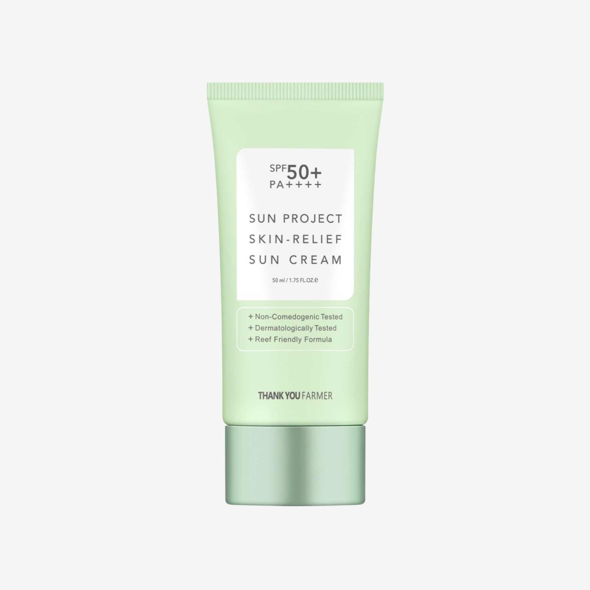 Thank You Farmer Sun Project Skin Relief Sun Cream SPF50 PA+++ 50 ml solkrem i tube med høy solbeskyttelse og beroligende pleie for daglig bruk