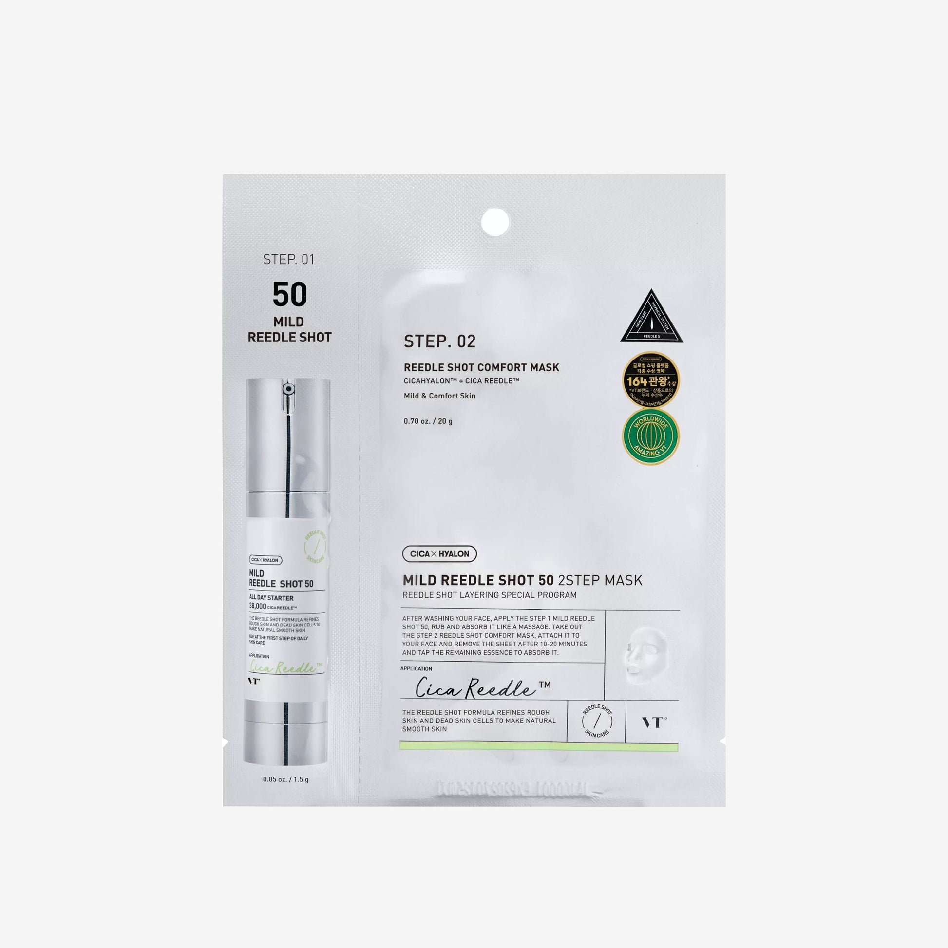 VT Cosmetics Mild Reedle Shot 50 2-Step Mask 1 stk todelt ansiktsmaske med Reedle Shot 50-serum og sheetmaske som bidrar til økt glød, forbedret hudtekstur og dyp hydrering