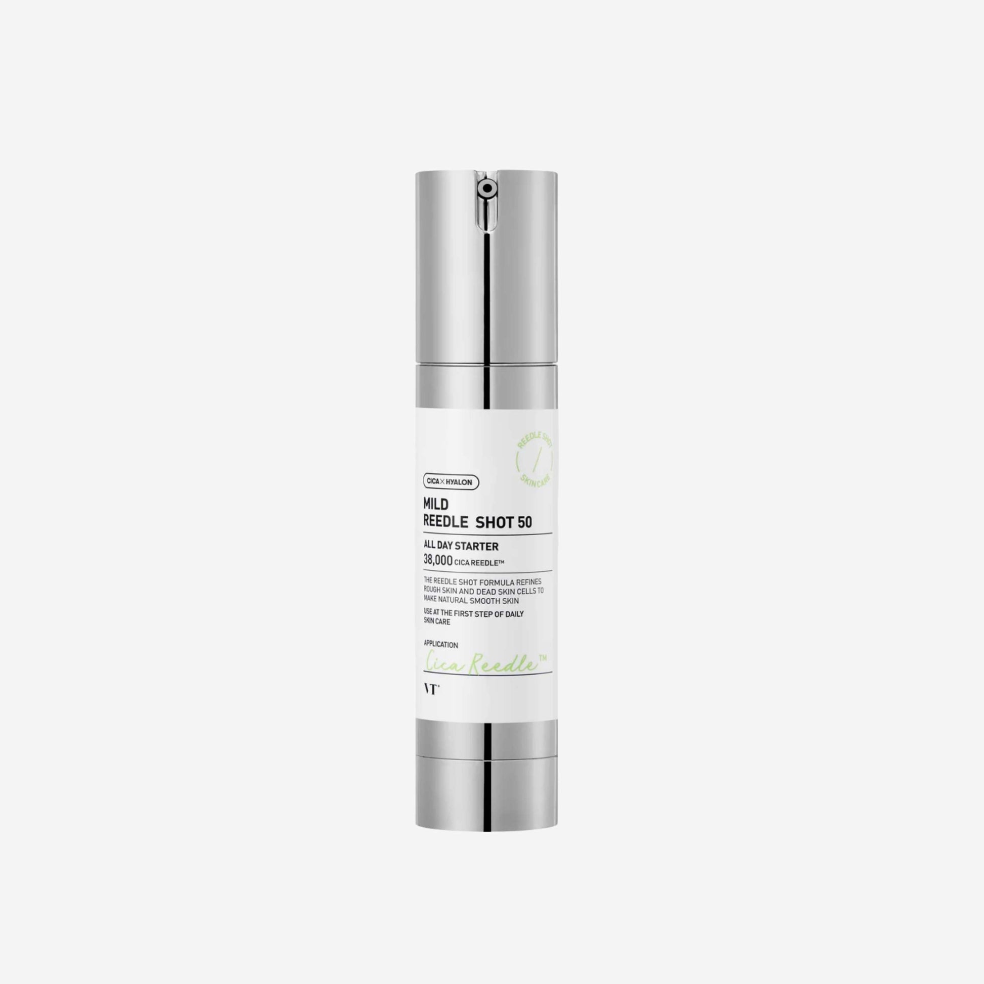 VT Cosmetics Mild Reedle Shot 50 50 ml innovativt serum med mikronålteknologi som bidrar til å forbedre hudtekstur, øke absorpsjonen av aktive ingredienser og gi huden en jevnere og mer strålende overflate